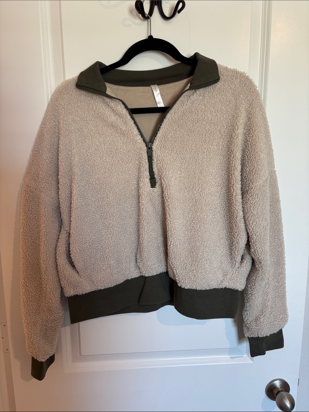 Fabletics Cream Sherpa Pullover with Olive Trim